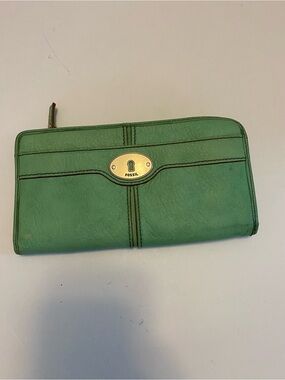 Vintage Fossil Green Leather Key Zipper Clutch Wallet Purse Maddox Marlow
